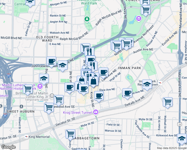 map of restaurants, bars, coffee shops, grocery stores, and more near 691 John Wesley Dobbs Avenue Northeast in Atlanta