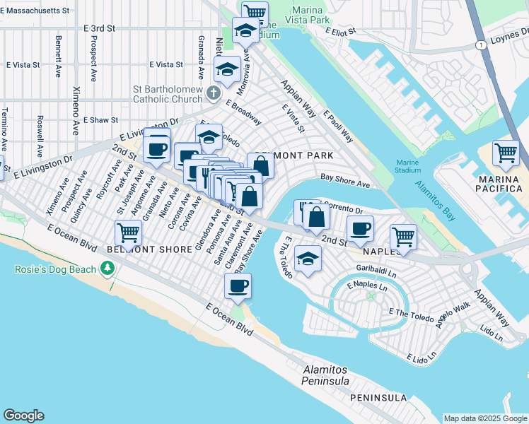 map of restaurants, bars, coffee shops, grocery stores, and more near 201 Bay Shore Avenue in Long Beach