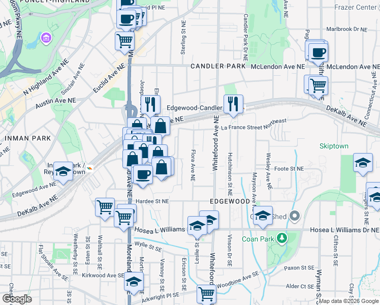 map of restaurants, bars, coffee shops, grocery stores, and more near 195 Flora Avenue Northeast in Atlanta