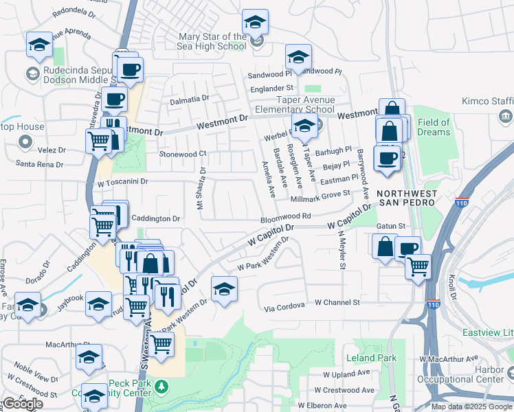 map of restaurants, bars, coffee shops, grocery stores, and more near 28709 Mount Rose Road in Rancho Palos Verdes