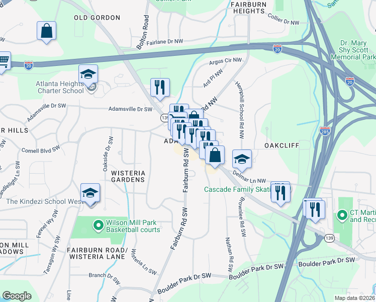 map of restaurants, bars, coffee shops, grocery stores, and more near 3604 Bakers Ferry Road Southwest in Atlanta