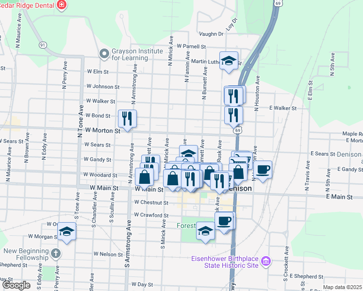 map of restaurants, bars, coffee shops, grocery stores, and more near 501 West Sears Street in Denison
