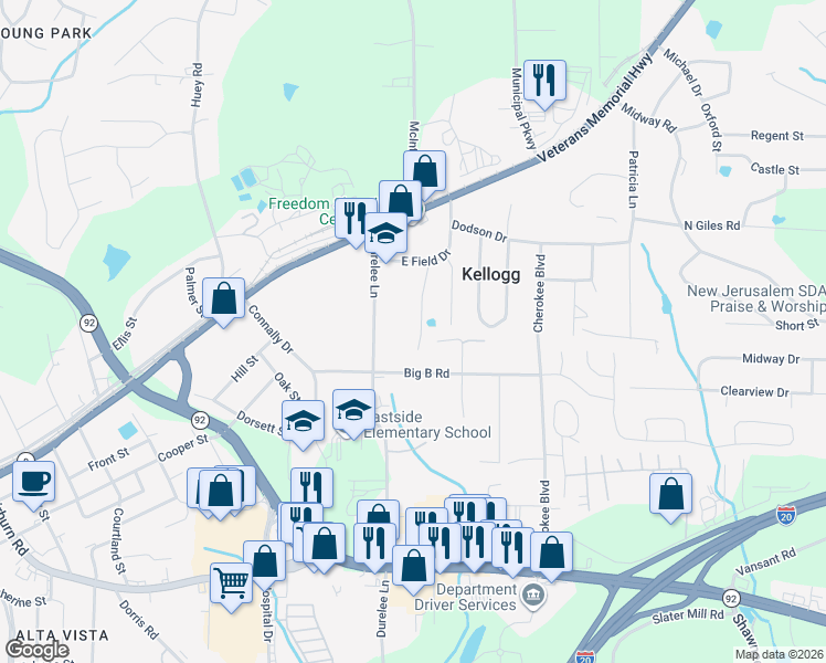 map of restaurants, bars, coffee shops, grocery stores, and more near 8086 Fieldstream Way in Douglasville