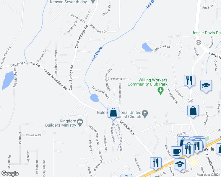 map of restaurants, bars, coffee shops, grocery stores, and more near 7062 Skippingstone Way in Douglasville