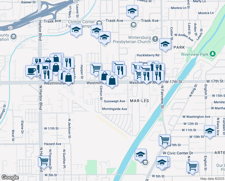 map of restaurants, bars, coffee shops, grocery stores, and more near 12640 Westminster Avenue in Santa Ana