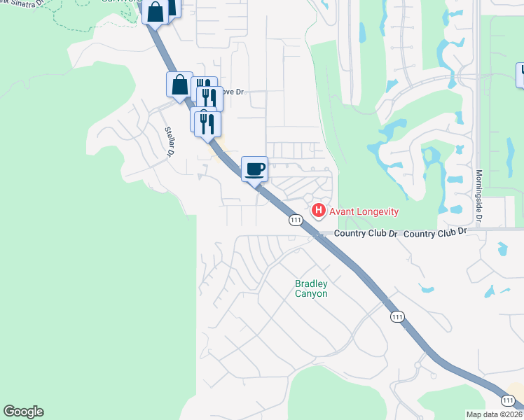 map of restaurants, bars, coffee shops, grocery stores, and more near 39910 Bird Lane in Rancho Mirage