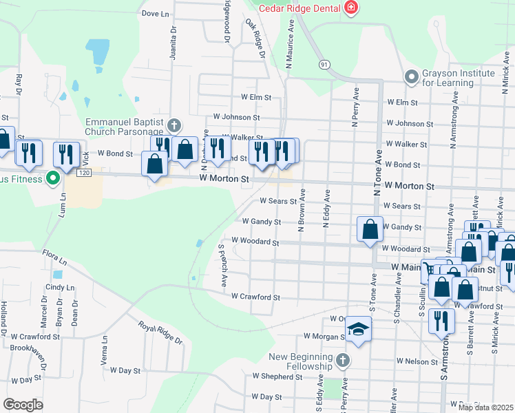 map of restaurants, bars, coffee shops, grocery stores, and more near 1526 West Sears Street in Denison