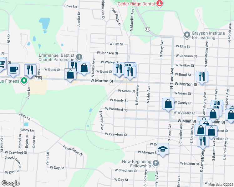 map of restaurants, bars, coffee shops, grocery stores, and more near 1526 West Sears Street in Denison