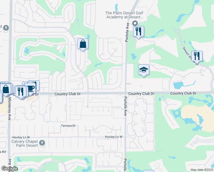 map of restaurants, bars, coffee shops, grocery stores, and more near 73867 Oak Springs Drive in Palm Desert