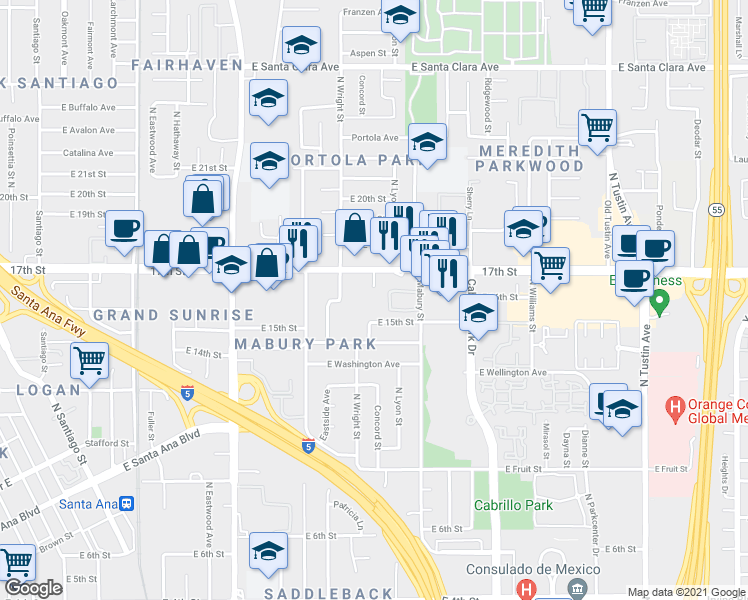 map of restaurants, bars, coffee shops, grocery stores, and more near 1600 17th Street in Santa Ana