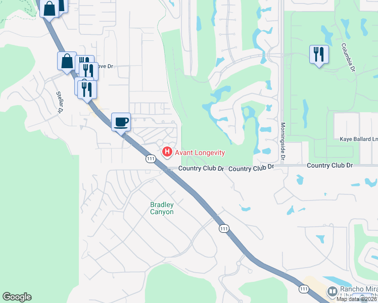map of restaurants, bars, coffee shops, grocery stores, and more near 18 Vía Condotti in Rancho Mirage