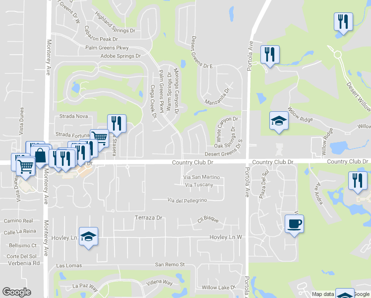 map of restaurants, bars, coffee shops, grocery stores, and more near 39880 Palm Greens Parkway in Palm Desert