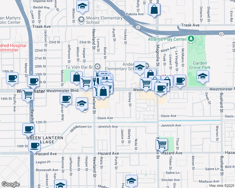 map of restaurants, bars, coffee shops, grocery stores, and more near 14031 Tiffany Drive in Westminster