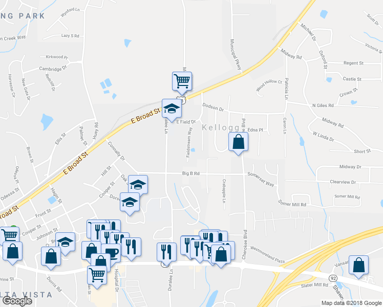 map of restaurants, bars, coffee shops, grocery stores, and more near 8086 Fieldstream Way in Douglasville