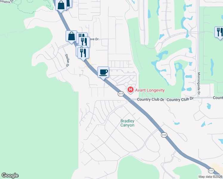 map of restaurants, bars, coffee shops, grocery stores, and more near 70265 California 111 in Rancho Mirage