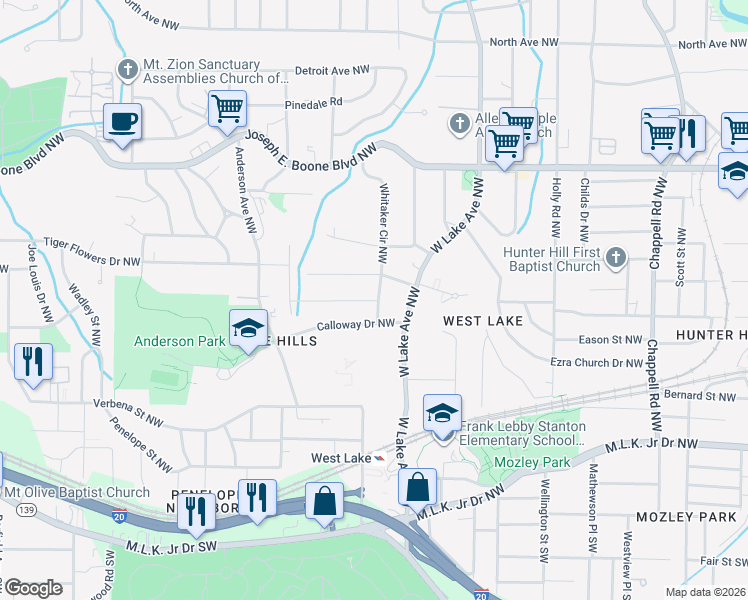 map of restaurants, bars, coffee shops, grocery stores, and more near 1789 Oakmont Drive Northwest in Atlanta