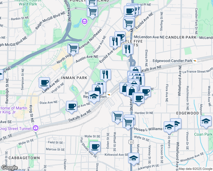 map of restaurants, bars, coffee shops, grocery stores, and more near 173 Battery Place Northeast in Atlanta
