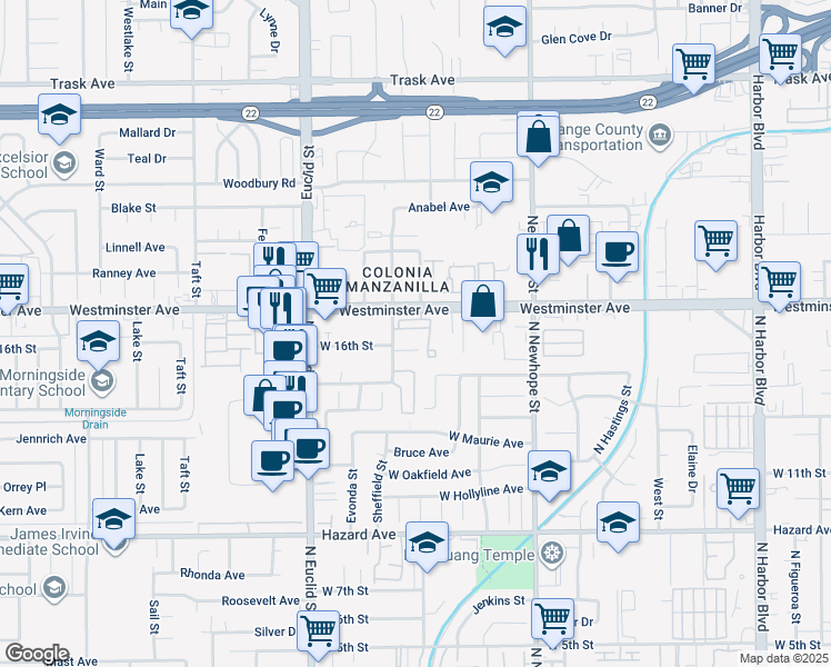 map of restaurants, bars, coffee shops, grocery stores, and more near 4816 Irongate Lane in Santa Ana