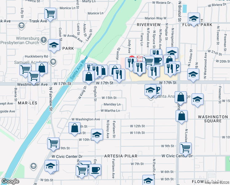 map of restaurants, bars, coffee shops, grocery stores, and more near 1828 West 16th Street in Santa Ana