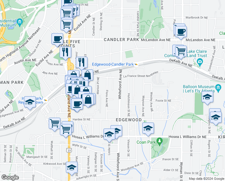 map of restaurants, bars, coffee shops, grocery stores, and more near 192 La France Walk in Atlanta