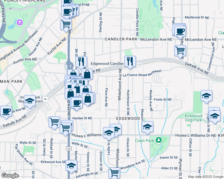 map of restaurants, bars, coffee shops, grocery stores, and more near 190 La France Walk in Atlanta