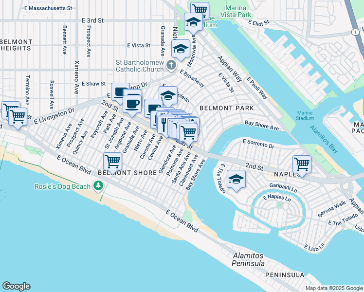 map of restaurants, bars, coffee shops, grocery stores, and more near 5308 2nd Street in Long Beach