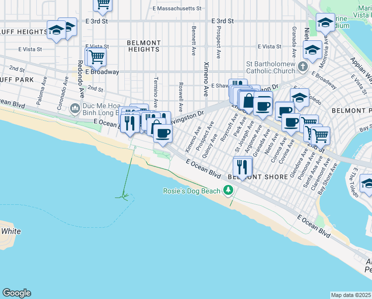 map of restaurants, bars, coffee shops, grocery stores, and more near 29 Ximeno Avenue in Long Beach
