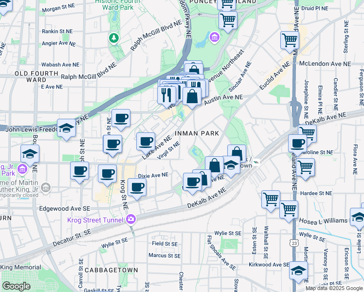 map of restaurants, bars, coffee shops, grocery stores, and more near 165 Hale Street Northeast in Atlanta