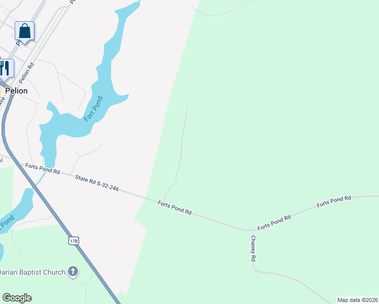 map of restaurants, bars, coffee shops, grocery stores, and more near 262 Forts Pond Road in Pelion