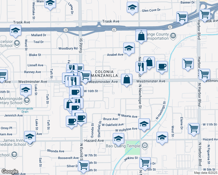 map of restaurants, bars, coffee shops, grocery stores, and more near 4816 Irongate Lane in Santa Ana