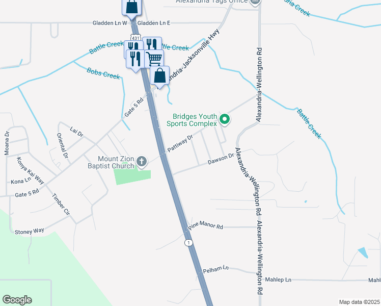 map of restaurants, bars, coffee shops, grocery stores, and more near 100 Pattiway Drive in Alexandria