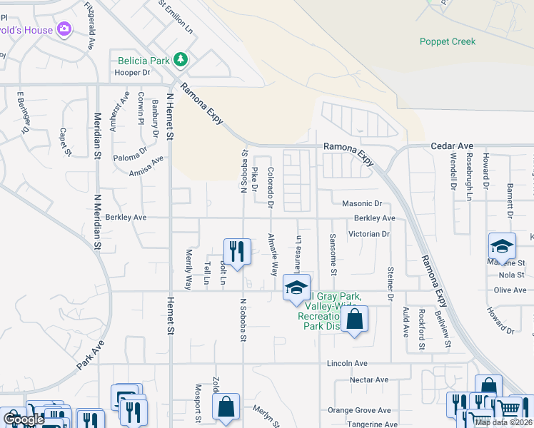 map of restaurants, bars, coffee shops, grocery stores, and more near 5032 Berkley Avenue in Hemet