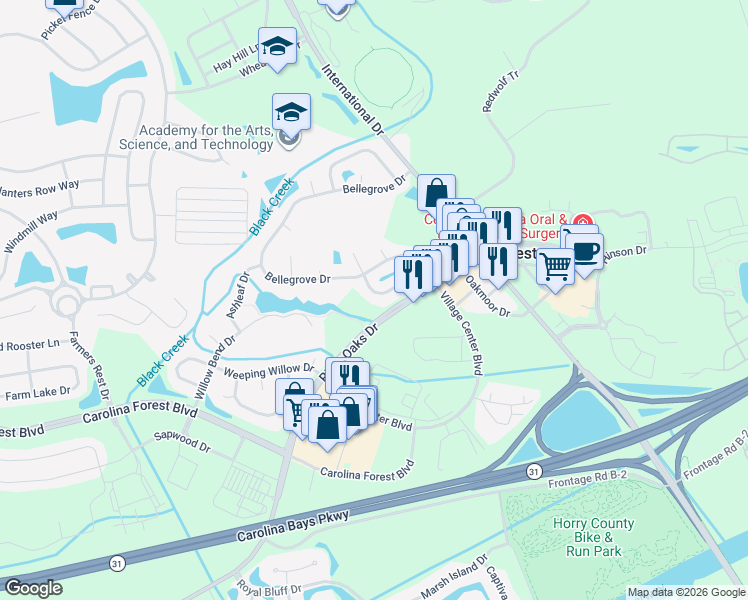 map of restaurants, bars, coffee shops, grocery stores, and more near 657 Oakhurst Drive in Myrtle Beach