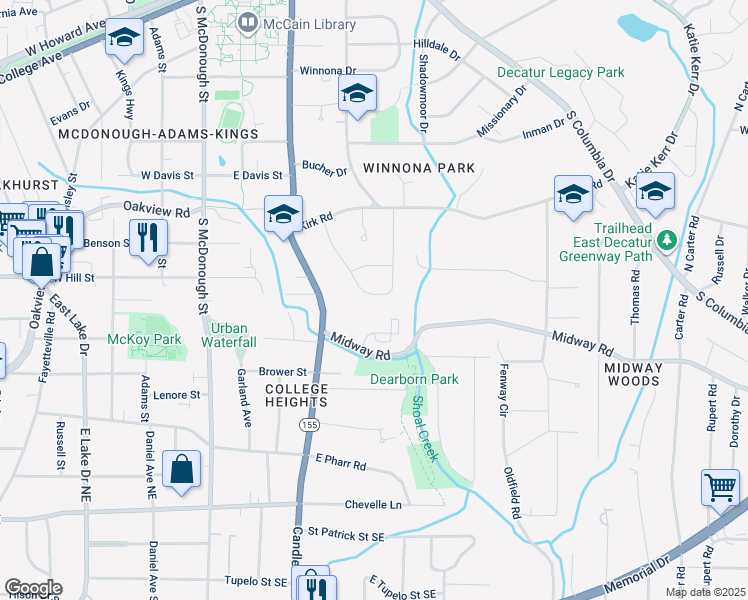 map of restaurants, bars, coffee shops, grocery stores, and more near 333 Mimosa Drive in Decatur