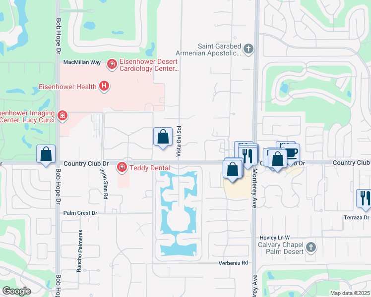 map of restaurants, bars, coffee shops, grocery stores, and more near 20 Porto Cielo Court in Rancho Mirage