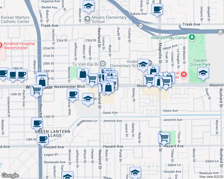 map of restaurants, bars, coffee shops, grocery stores, and more near 8568 Westminster Boulevard in Westminster