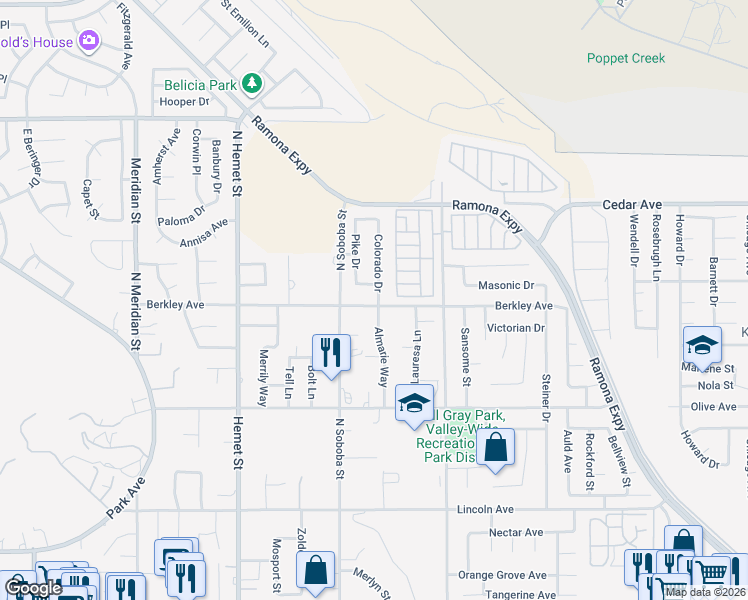 map of restaurants, bars, coffee shops, grocery stores, and more near 5032 Berkley Avenue in Hemet