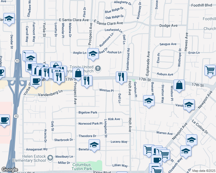 map of restaurants, bars, coffee shops, grocery stores, and more near 14072 Livingston Street in Tustin