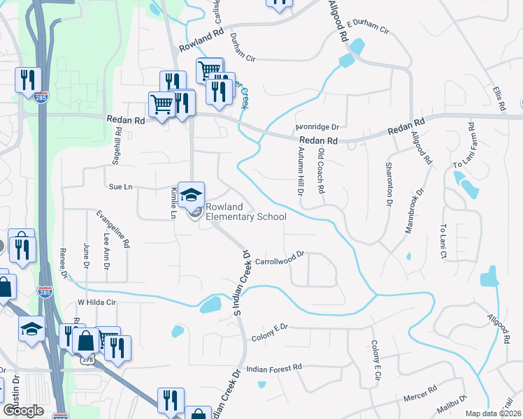 map of restaurants, bars, coffee shops, grocery stores, and more near 1236 Mohican Trail in Stone Mountain