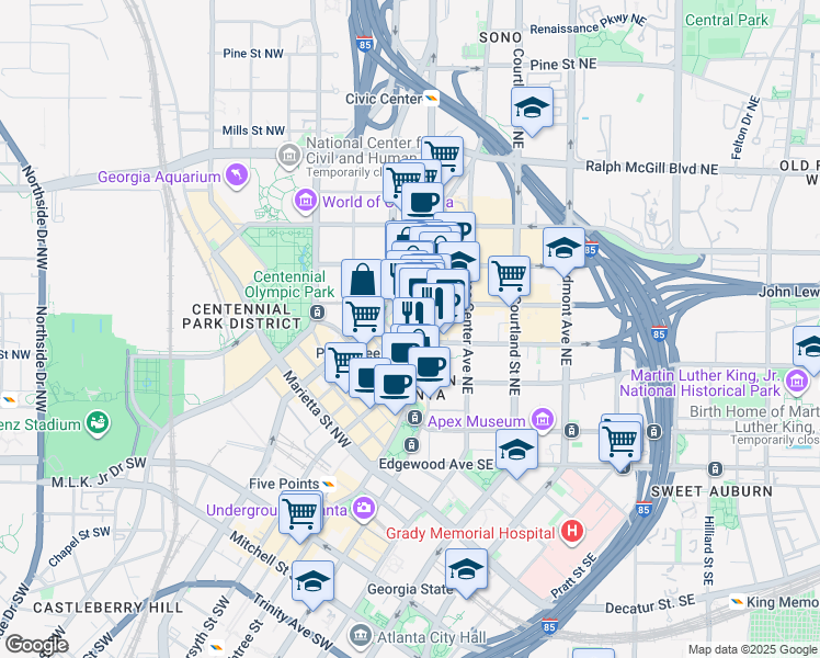 map of restaurants, bars, coffee shops, grocery stores, and more near 200 Peachtree Street in Atlanta