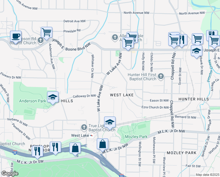 map of restaurants, bars, coffee shops, grocery stores, and more near 1655 West Lake Court Northwest in Atlanta