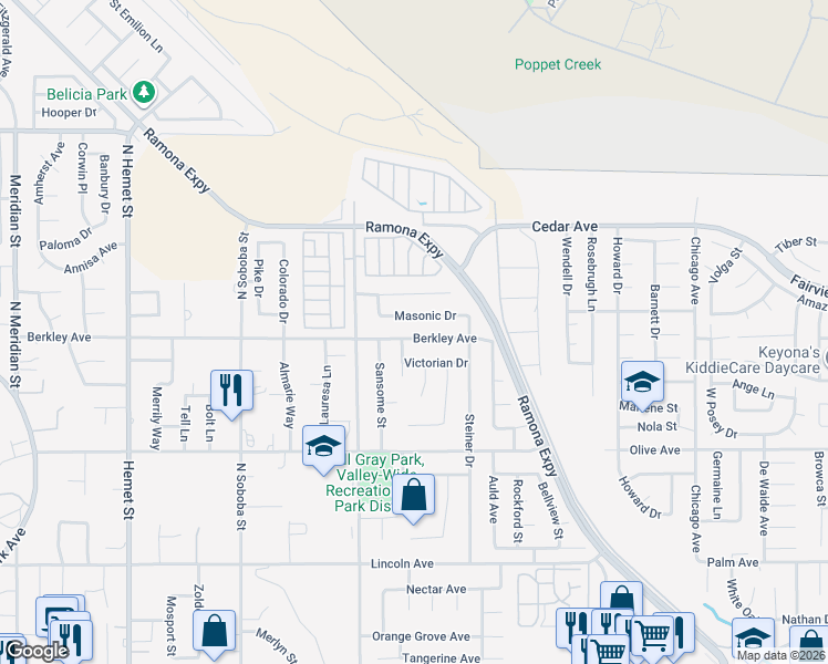 map of restaurants, bars, coffee shops, grocery stores, and more near 42874 Berkley Avenue in Hemet