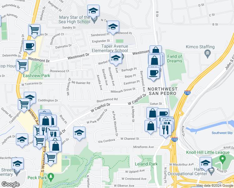 map of restaurants, bars, coffee shops, grocery stores, and more near 1017 Millmark Grove Street in Los Angeles