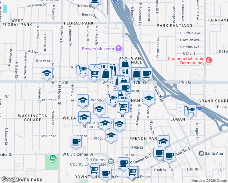 map of restaurants, bars, coffee shops, grocery stores, and more near 1524 North Sycamore Street in Santa Ana