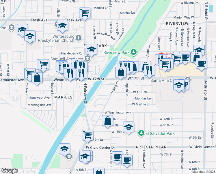 map of restaurants, bars, coffee shops, grocery stores, and more near 1806 West 17th Street in Santa Ana