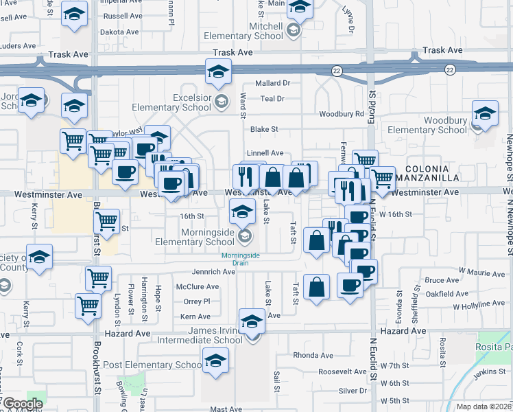 map of restaurants, bars, coffee shops, grocery stores, and more near 10581 Keel Avenue in Garden Grove