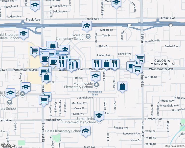 map of restaurants, bars, coffee shops, grocery stores, and more near 10500 Westminster Avenue in Garden Grove