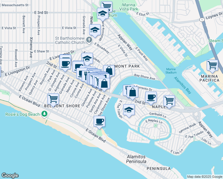 map of restaurants, bars, coffee shops, grocery stores, and more near 221 Bay Shore Avenue in Long Beach