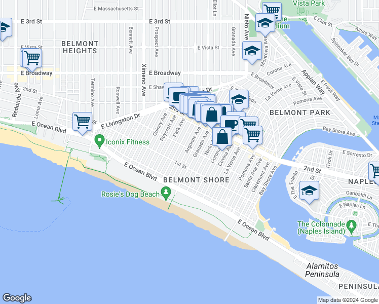 map of restaurants, bars, coffee shops, grocery stores, and more near 142 Granada Avenue in Long Beach