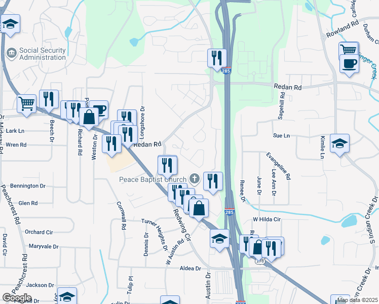 map of restaurants, bars, coffee shops, grocery stores, and more near 3737 Redan Road in Decatur